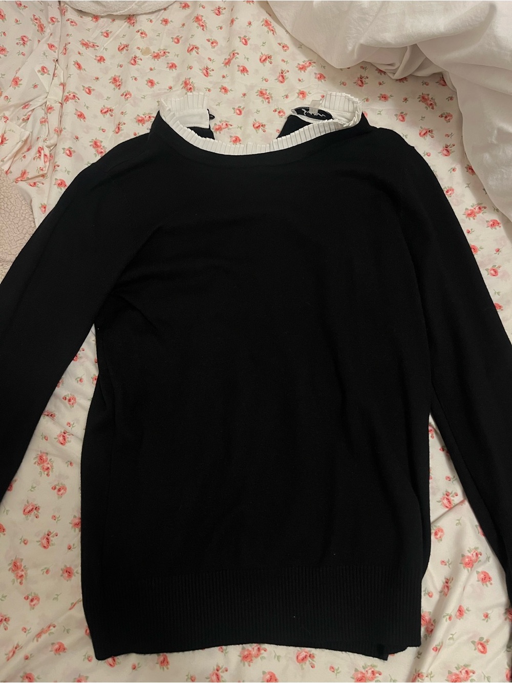Milano Black Crewneck Sweater with White Ruffle Trim
